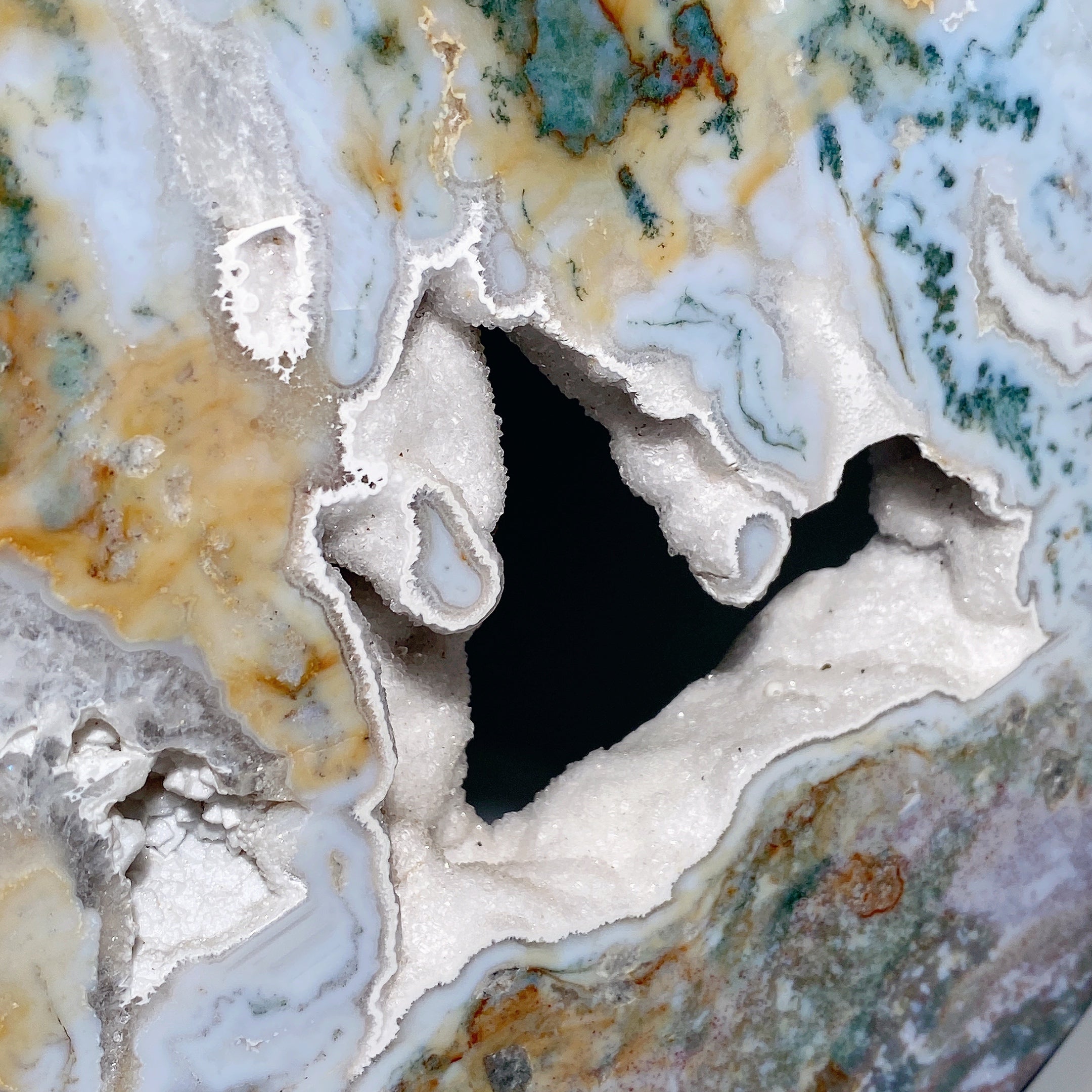 Large 24cm Druzy Moss Agate Moon Carving with Stand