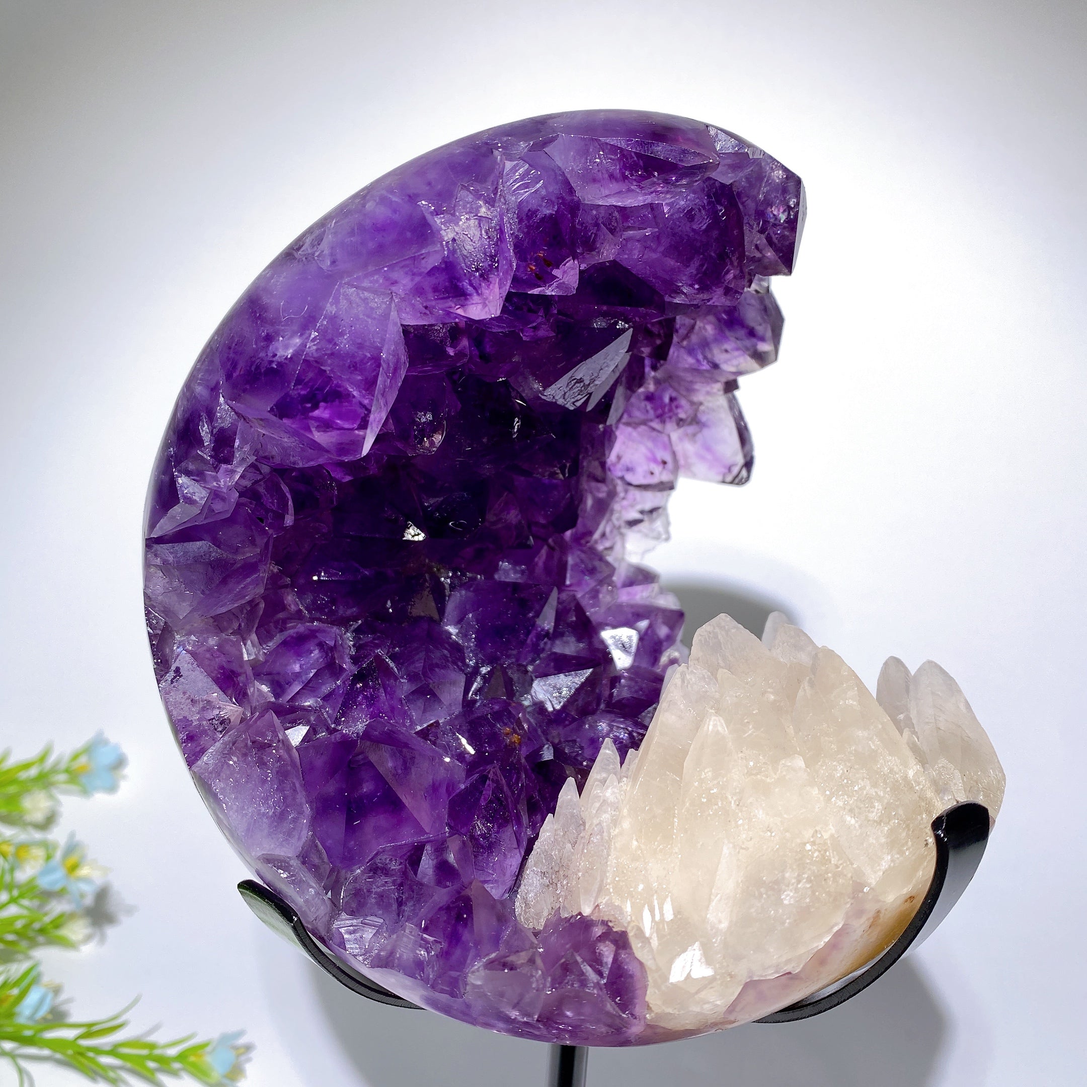 Large Amethyst Geode with UV Reactive Calcite on Stand