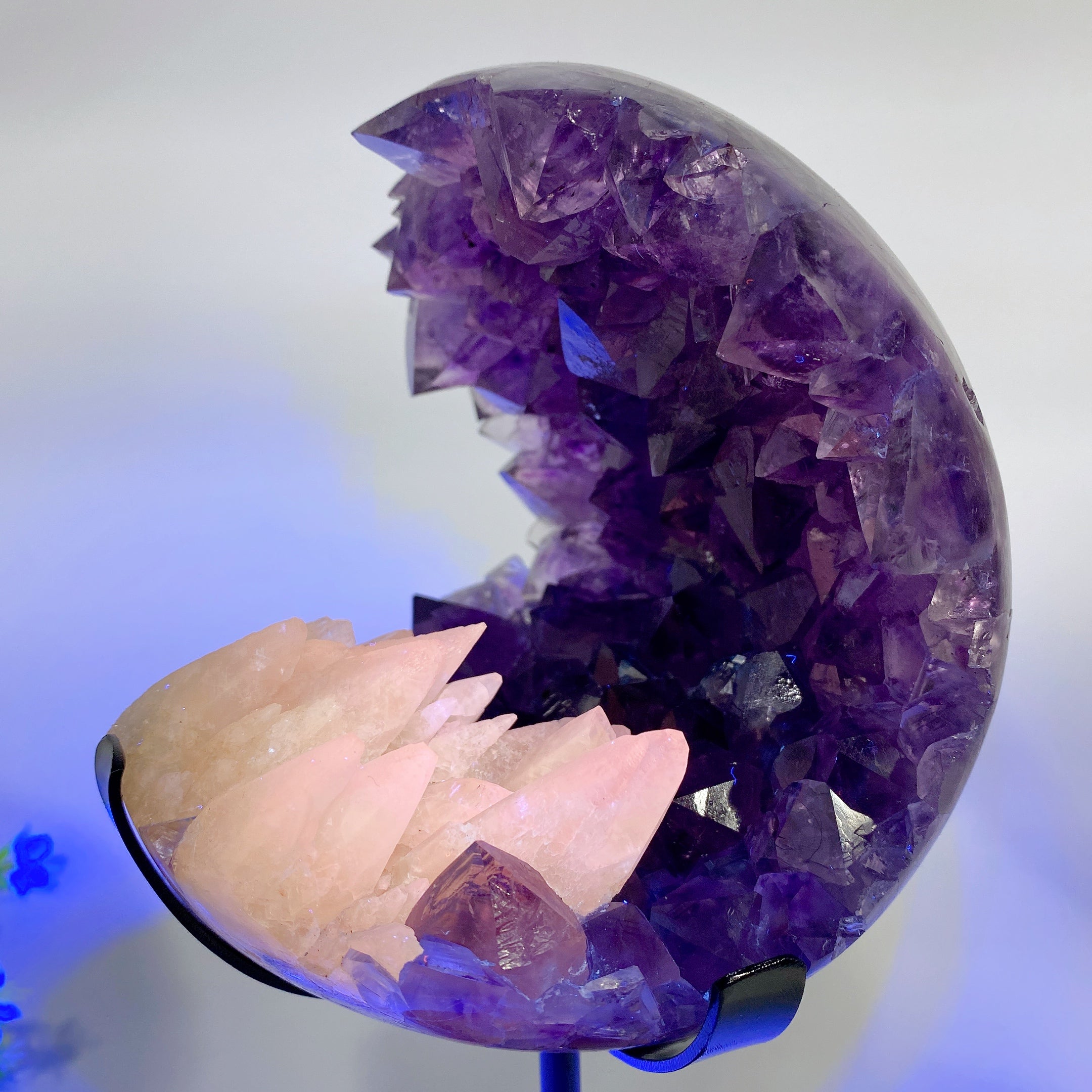 Large Amethyst Geode with UV Reactive Calcite on Stand