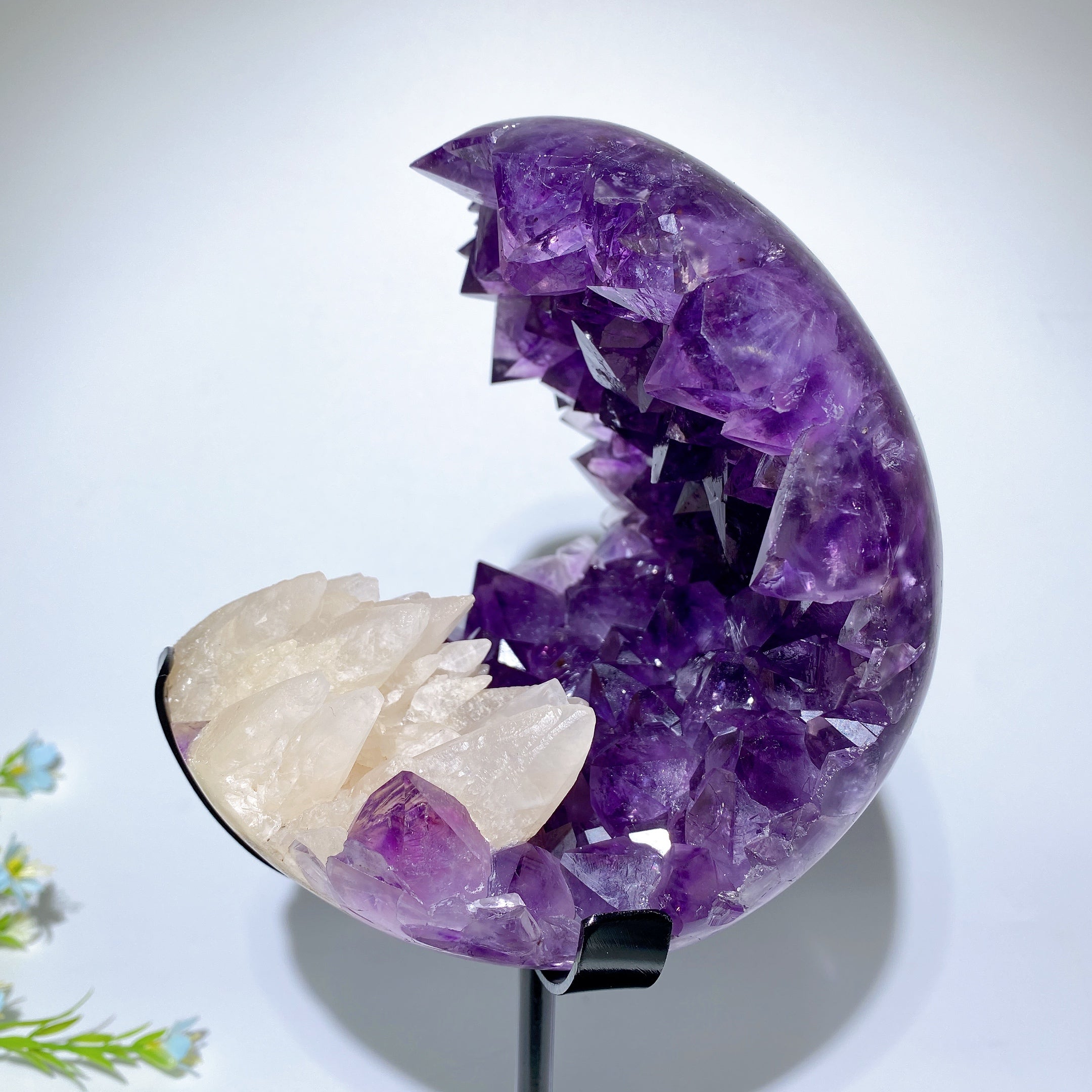 Large Amethyst Geode with UV Reactive Calcite on Stand