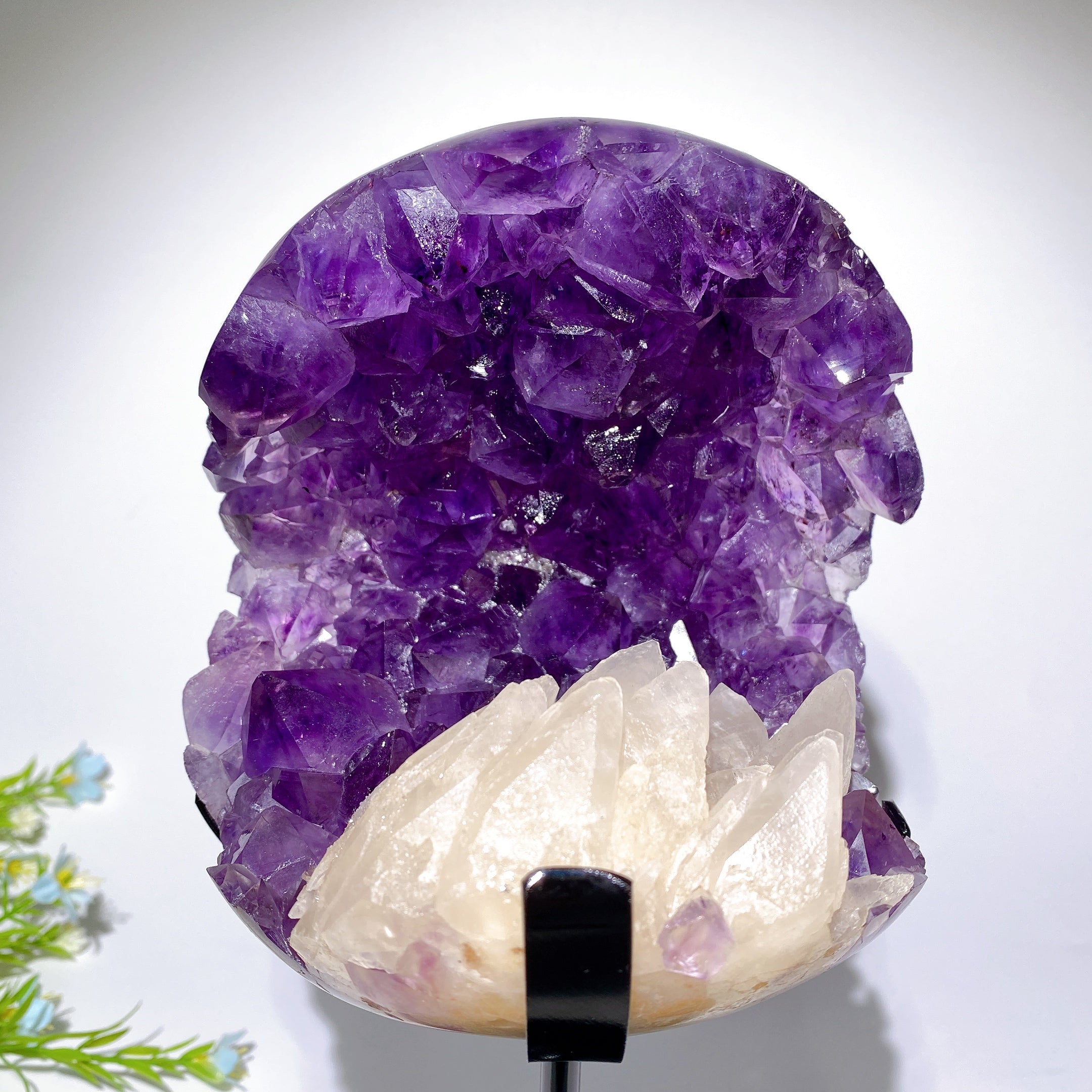 Large Amethyst Geode with UV Reactive Calcite on Stand
