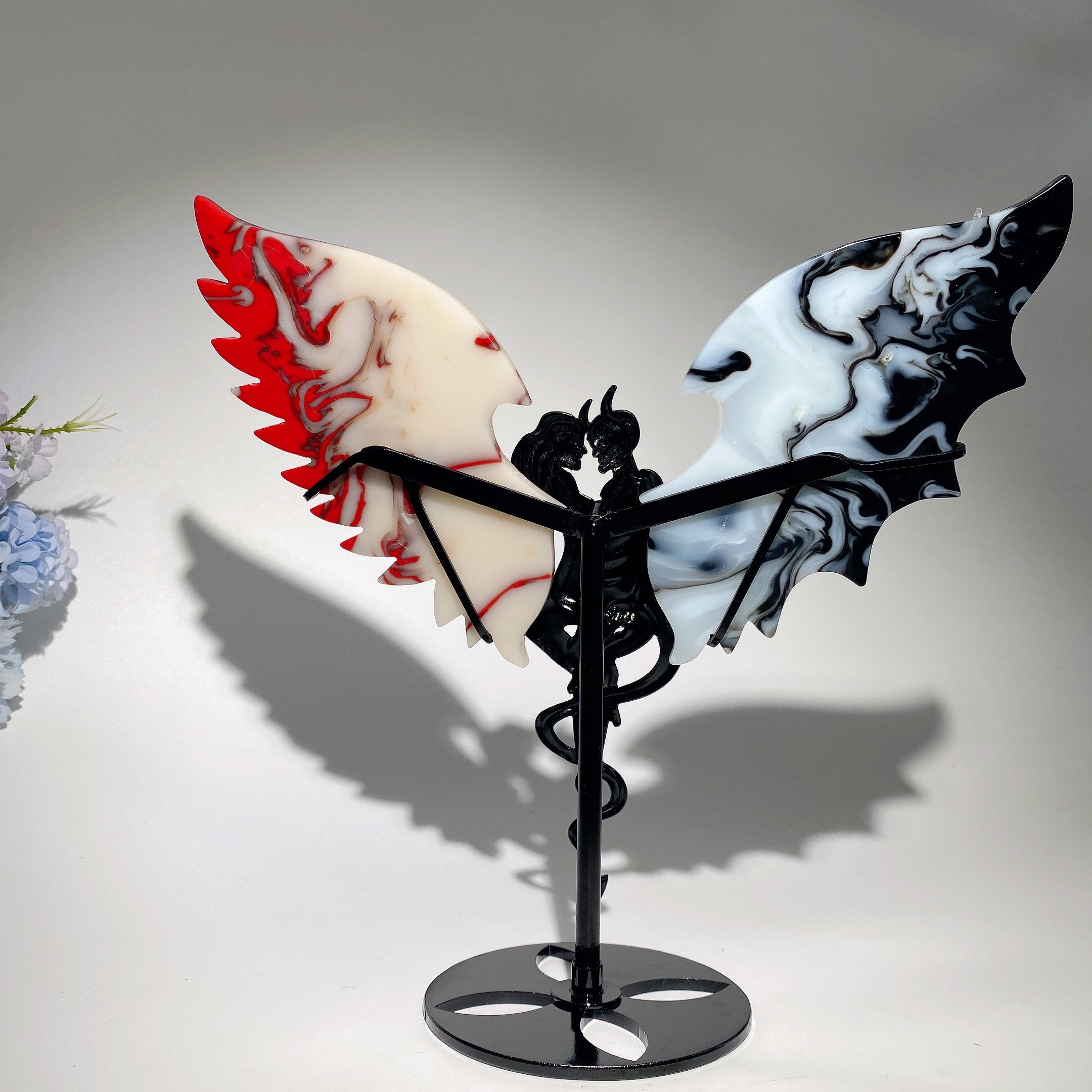 Large Black Red Agate Crystal Wings Carving with Stand