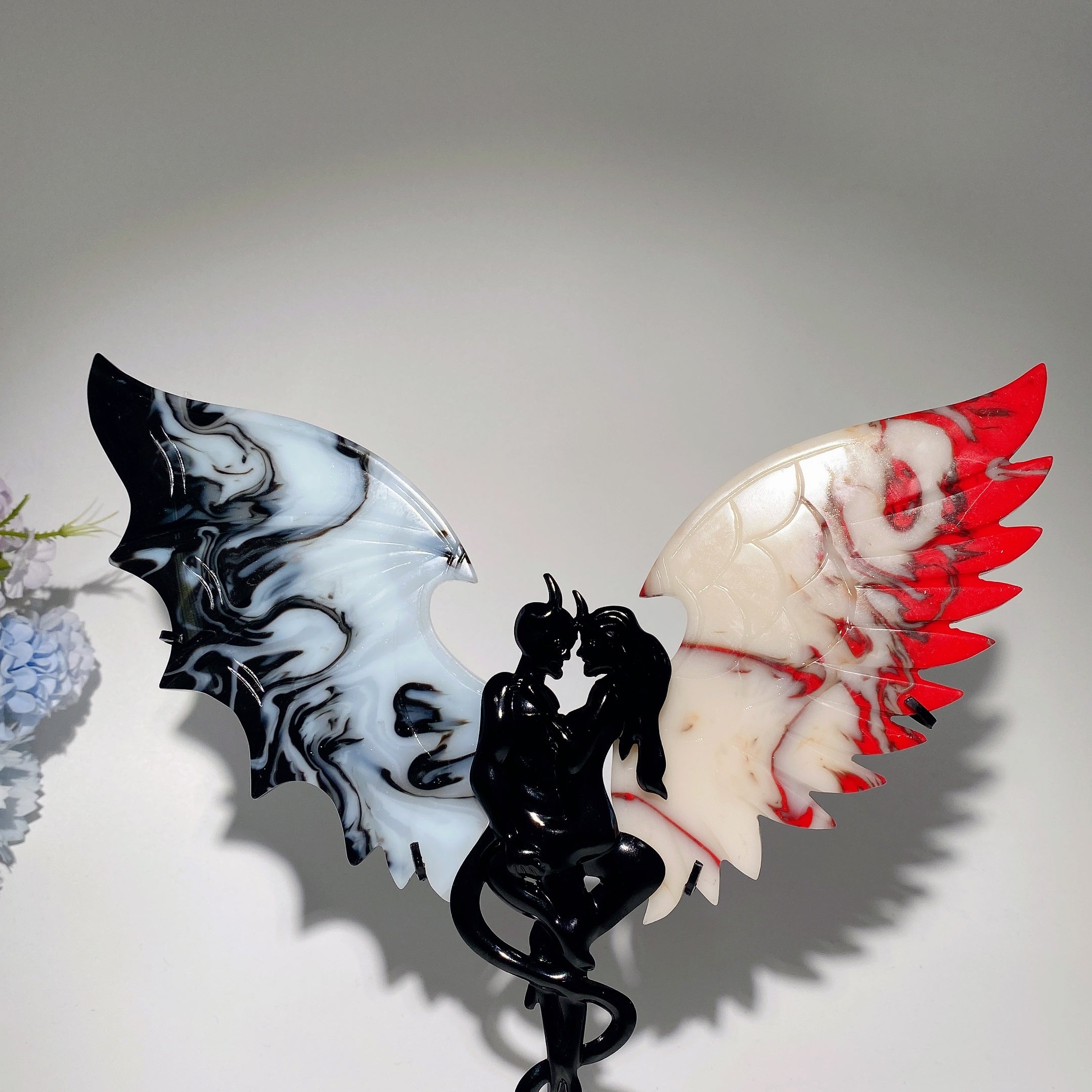 Large Black Red Agate Crystal Wings Carving with Stand
