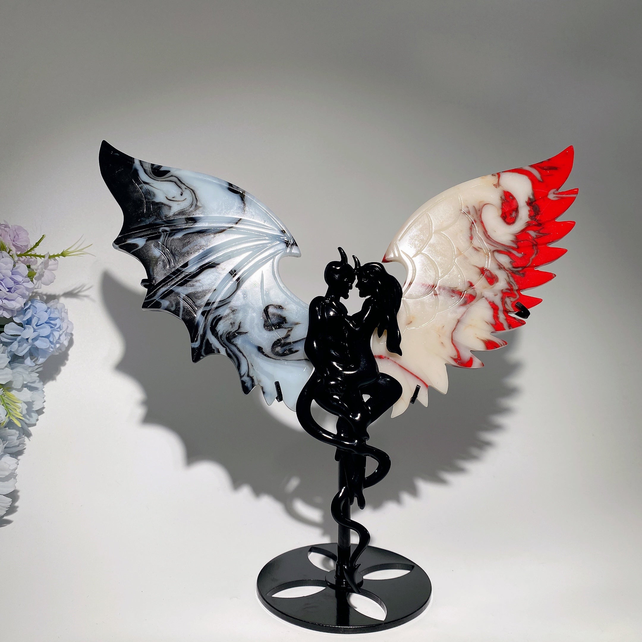 Large Black Red Agate Crystal Wings Carving with Stand