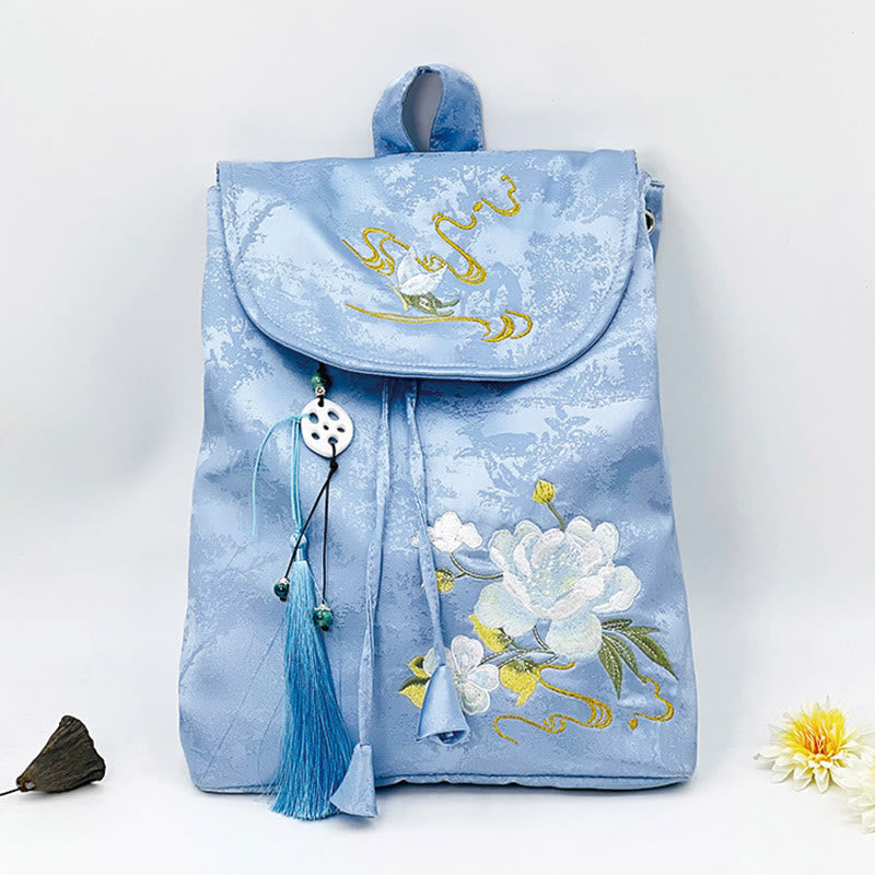 Large Blue Camellia Embroidered Backpack Spiritual Collection