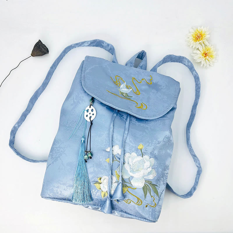 Large Blue Camellia Embroidered Backpack Spiritual Collection