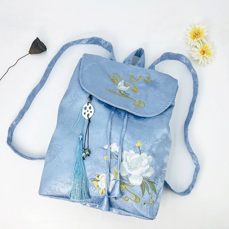 Large Blue Camellia Embroidered Backpack Spiritual Collection
