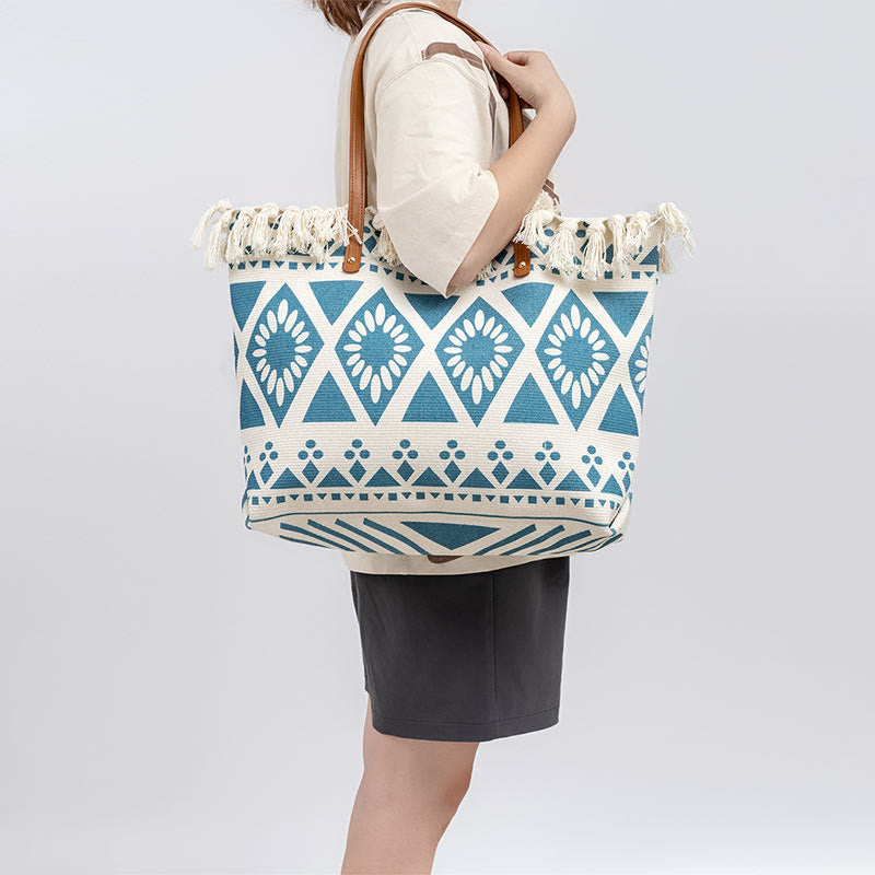 Large Canvas Tote Bag With Boho Geometric Tassels 50cm
