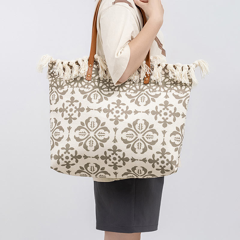 Large Canvas Tote Bag With Boho Geometric Tassels 50cm
