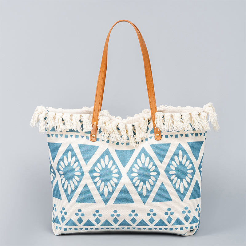 Large Canvas Tote Bag With Boho Geometric Tassels 50cm