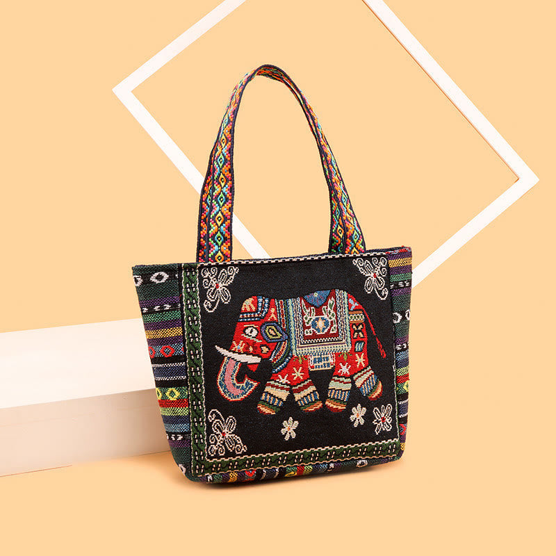 Large Canvas Tote Bag with Elephant Butterfly Embroidery - Spiritual Charm