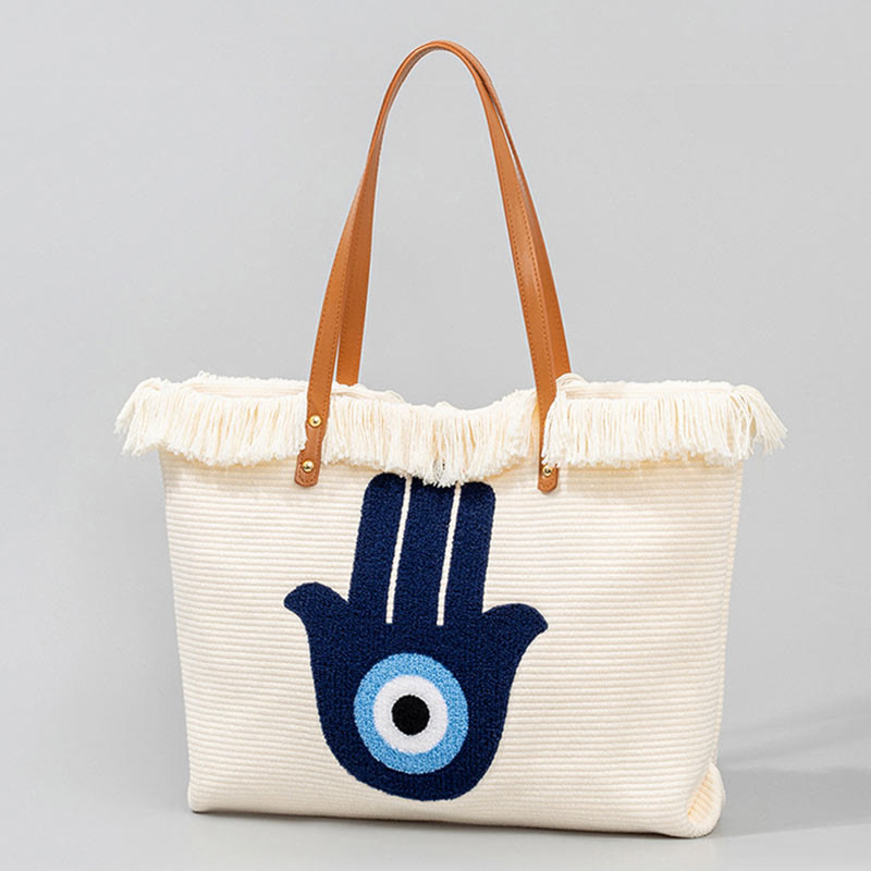 Large Capacity Canvas Evil Eye Tote Bag for Protection