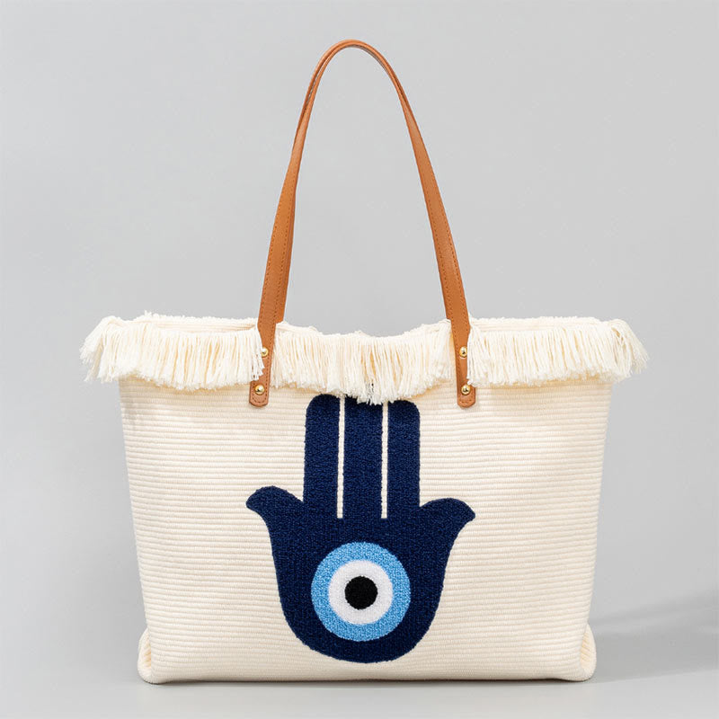 Large Capacity Canvas Evil Eye Tote Bag for Protection