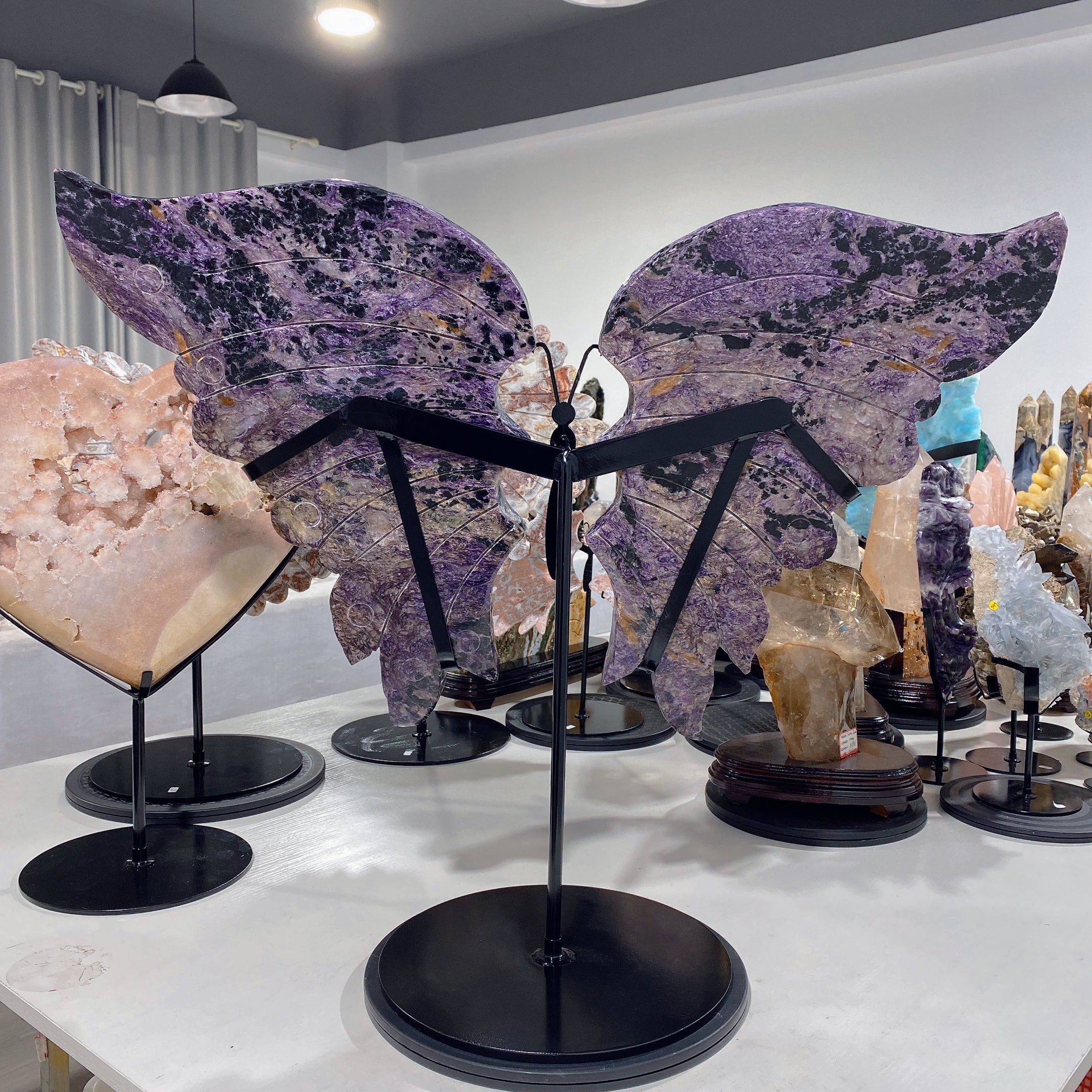 Large Charoite & Calcite Butterfly Wings Crystal Figurine on Stand
