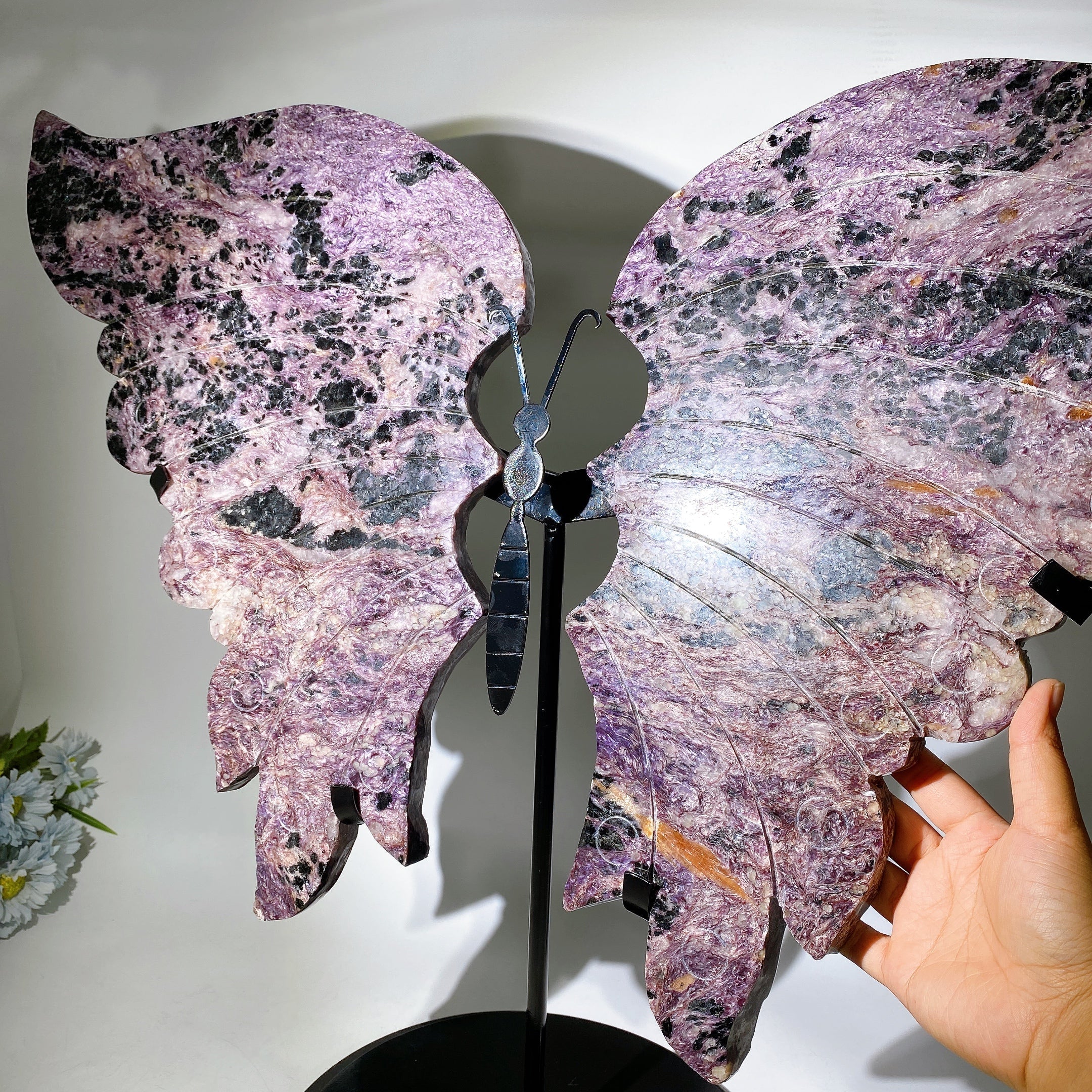 Large Charoite & Calcite Butterfly Wings Crystal Figurine on Stand