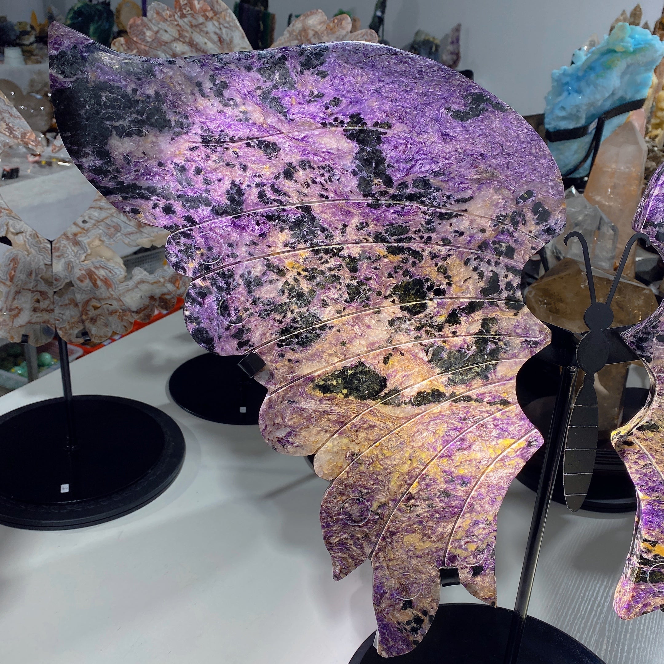 Large Charoite & Calcite Butterfly Wings Crystal Figurine on Stand