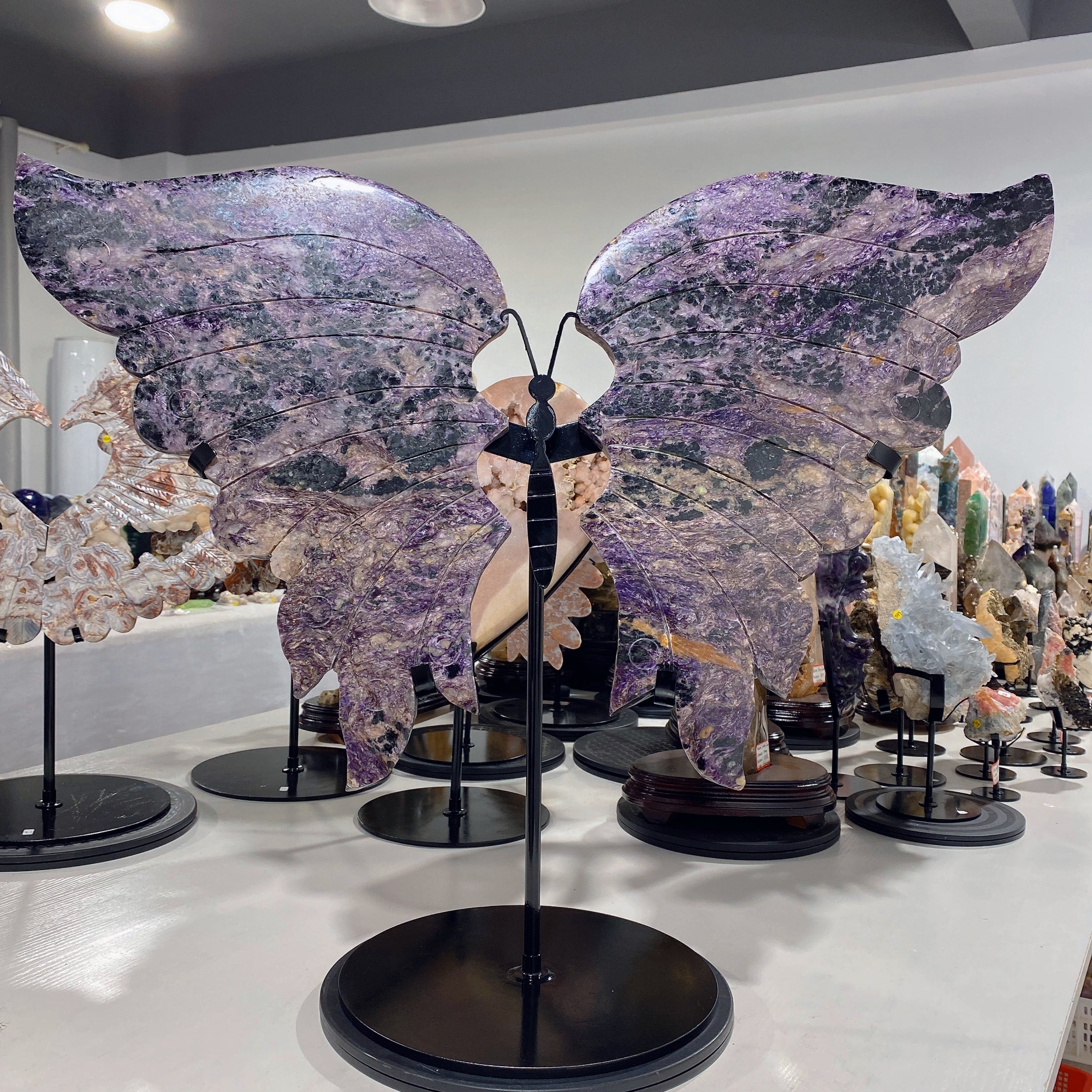 Large Charoite & Calcite Butterfly Wings Crystal Figurine on Stand