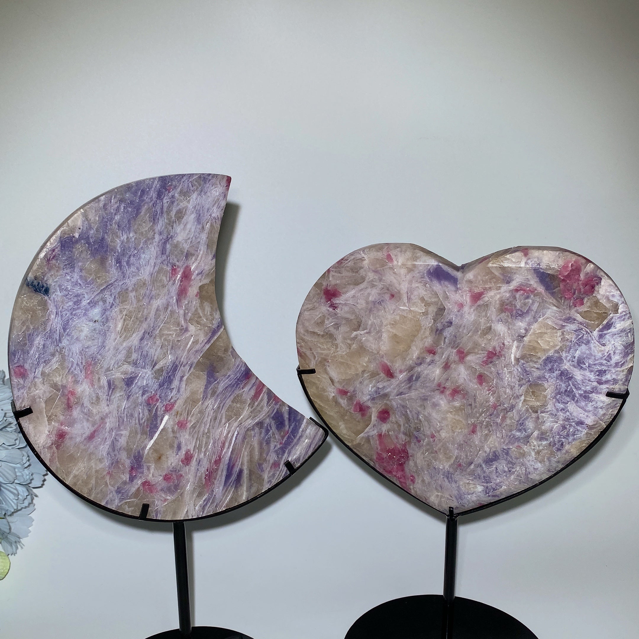 Large Crystal Heart & Moon Stone Carvings with Stand