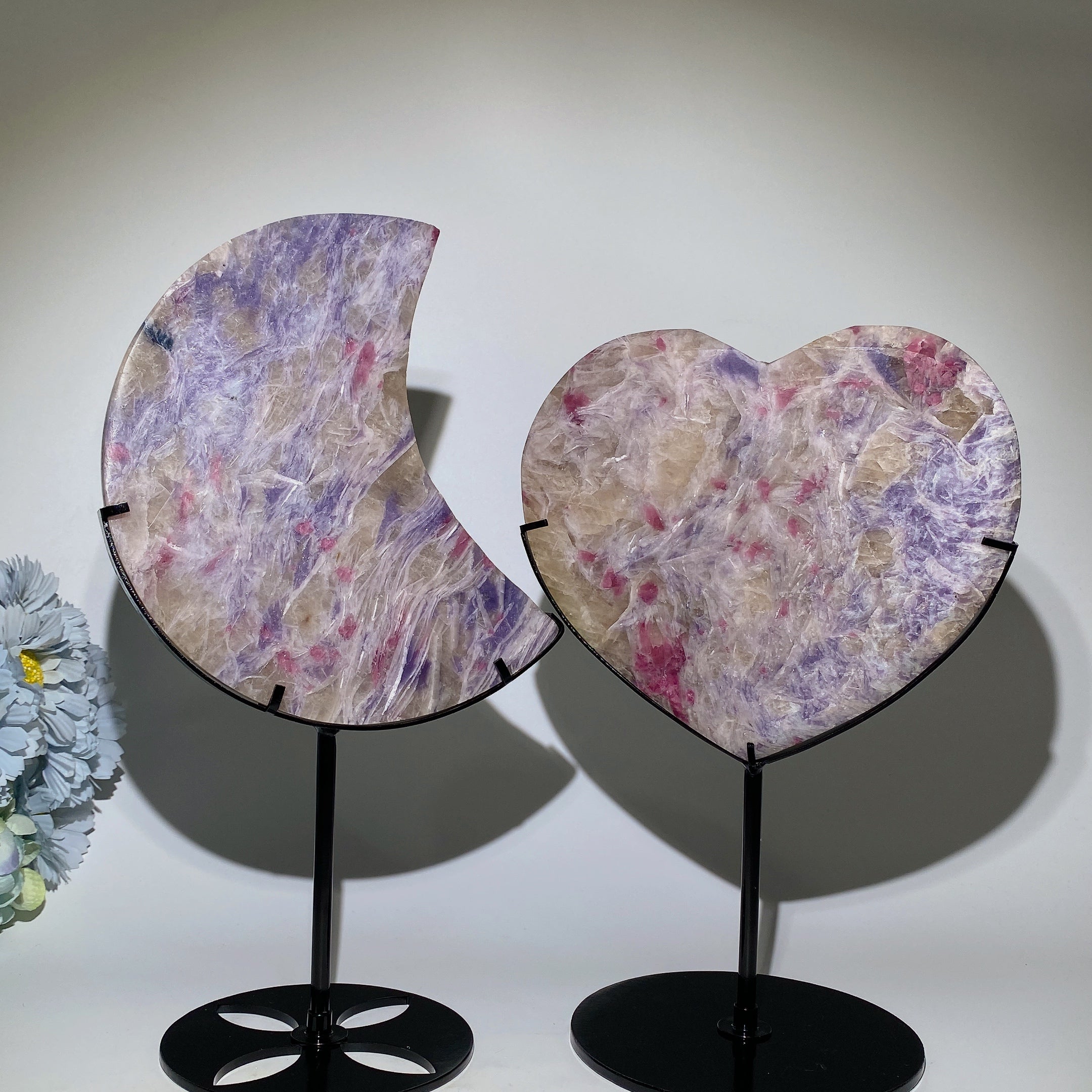 Large Crystal Heart & Moon Stone Carvings with Stand