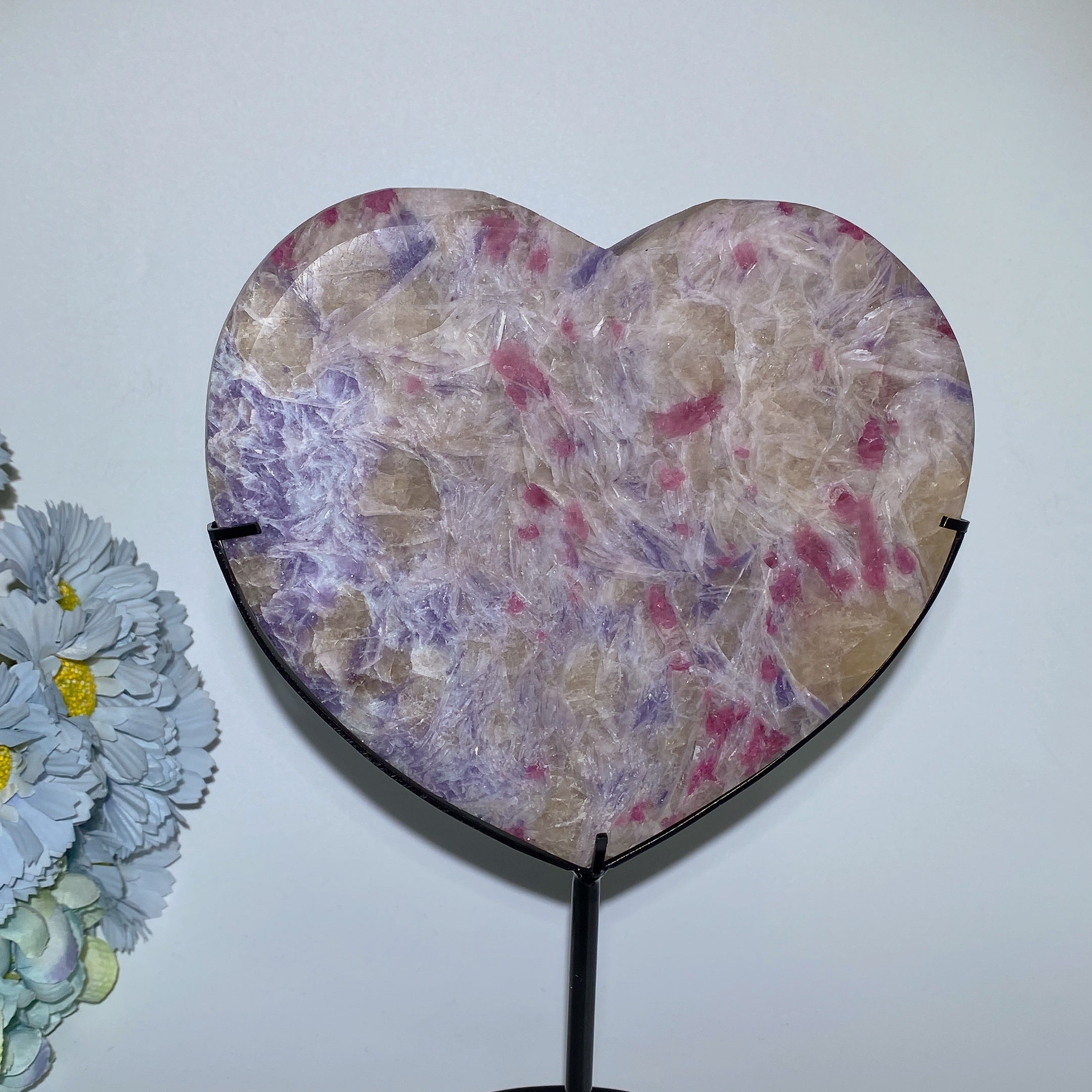 Large Crystal Heart & Moon Stone Carvings with Stand