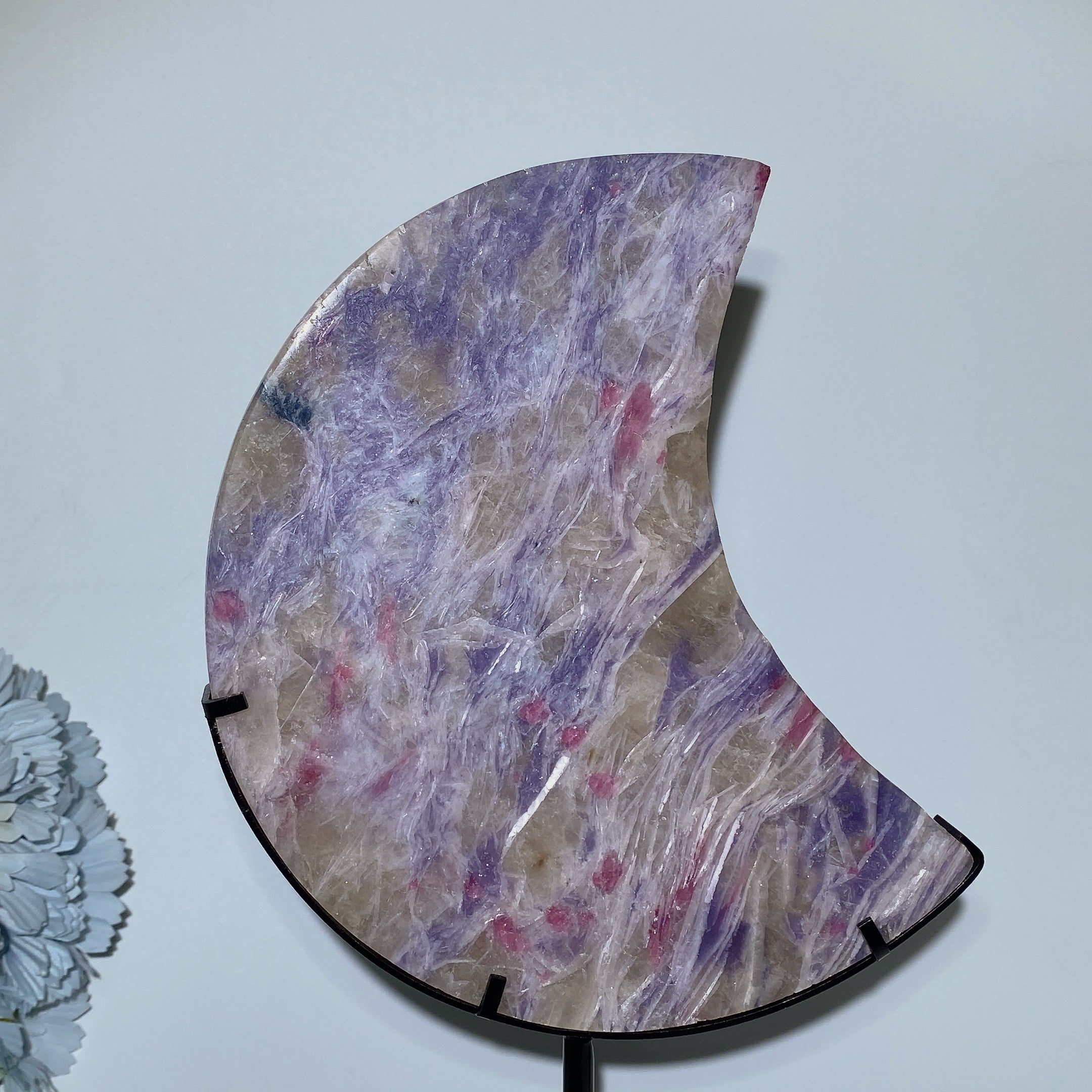 Large Crystal Heart & Moon Stone Carvings with Stand