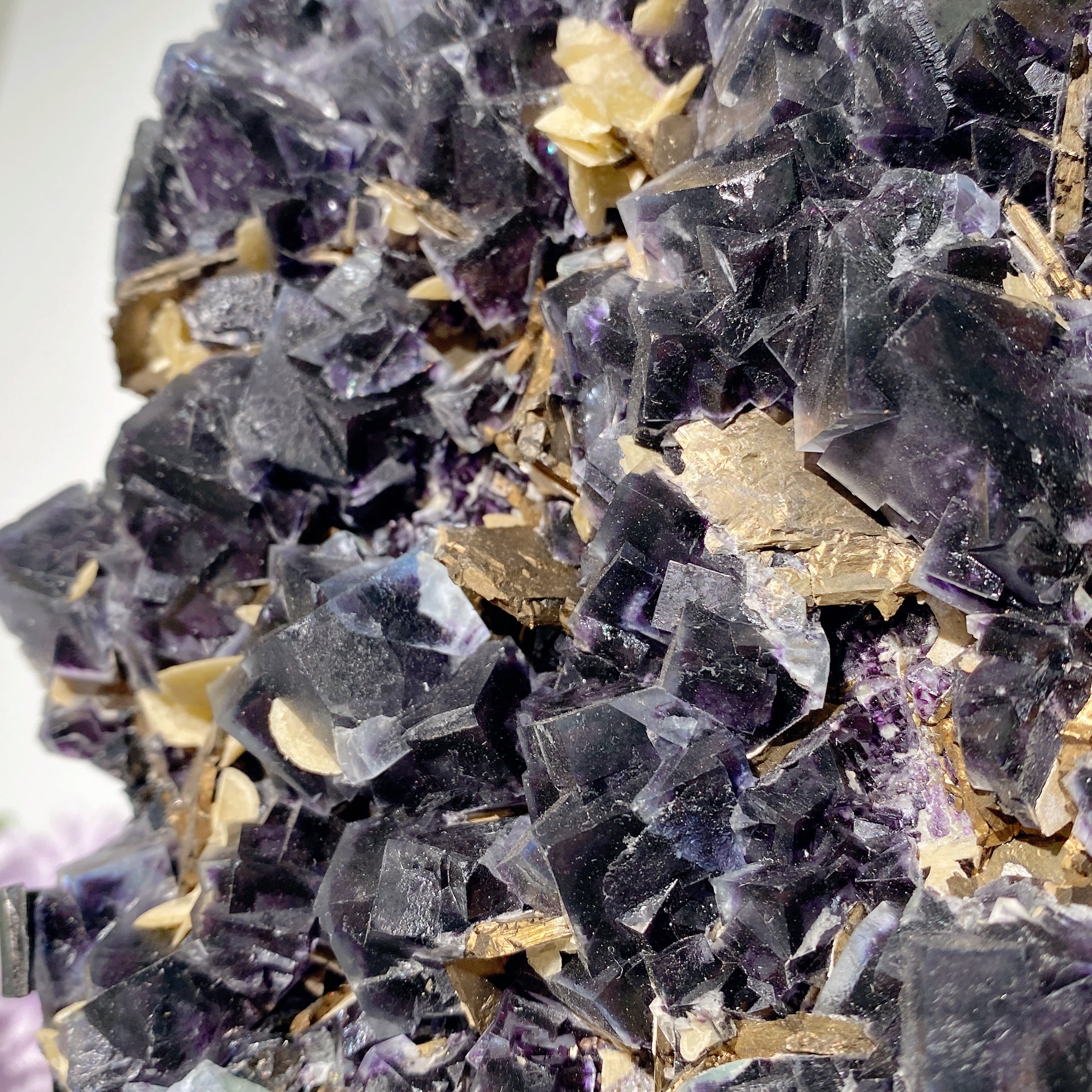 Large Dark Purple Fluorite Raw Crystal with Calcite and Pyrite