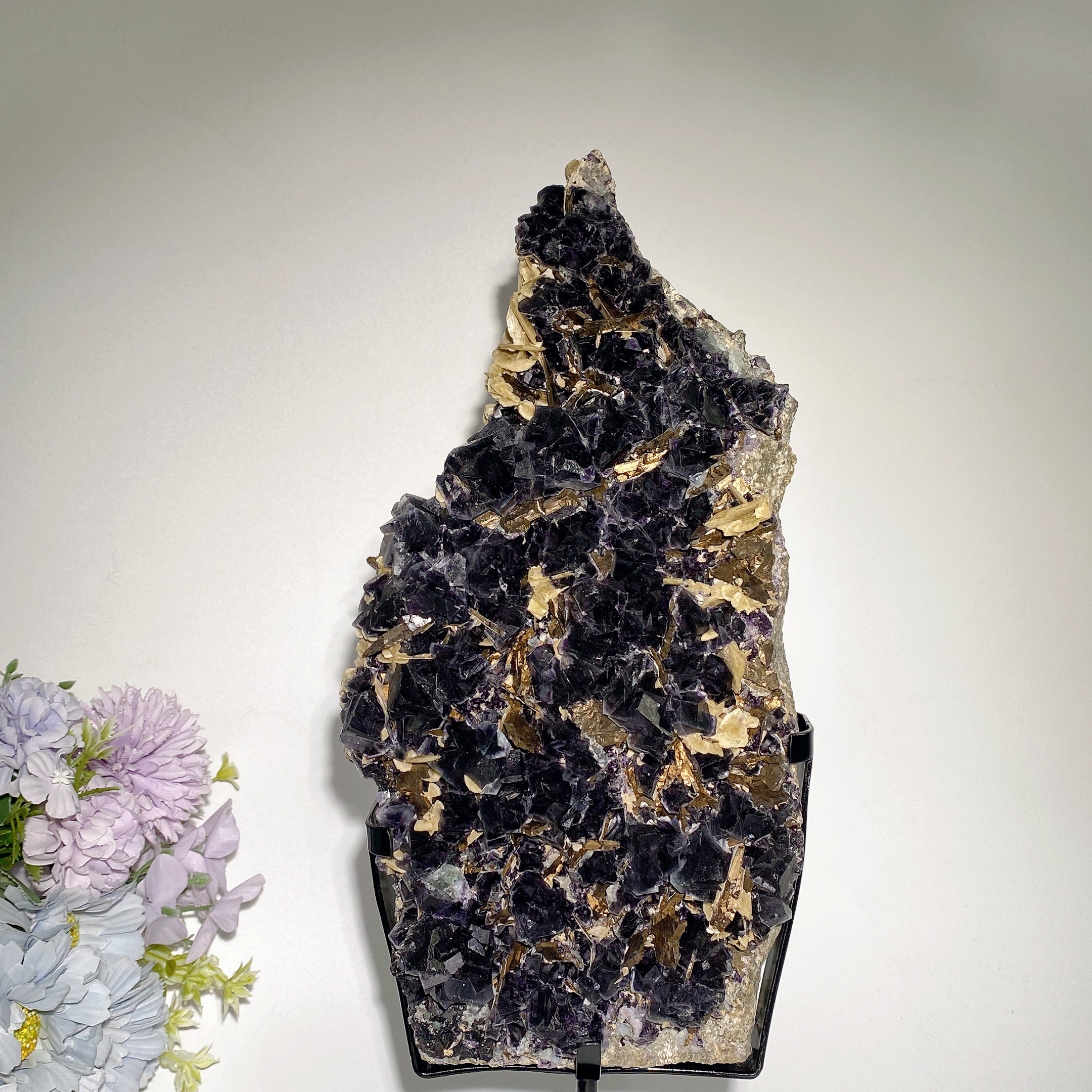 Large Dark Purple Fluorite Raw Crystal with Calcite and Pyrite