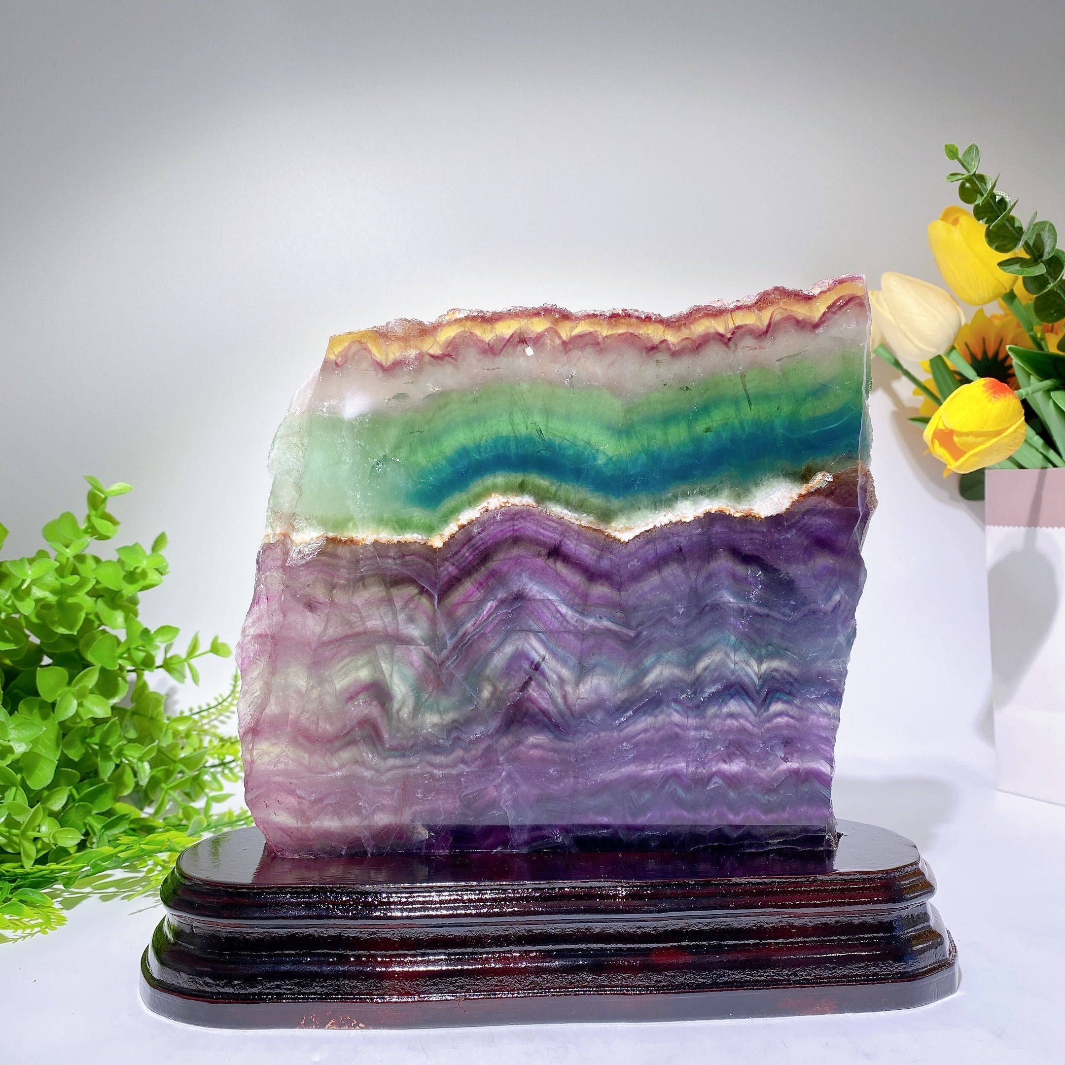 Large Rainbow Fluorite Crystal Slab 21cm with Wooden Stand