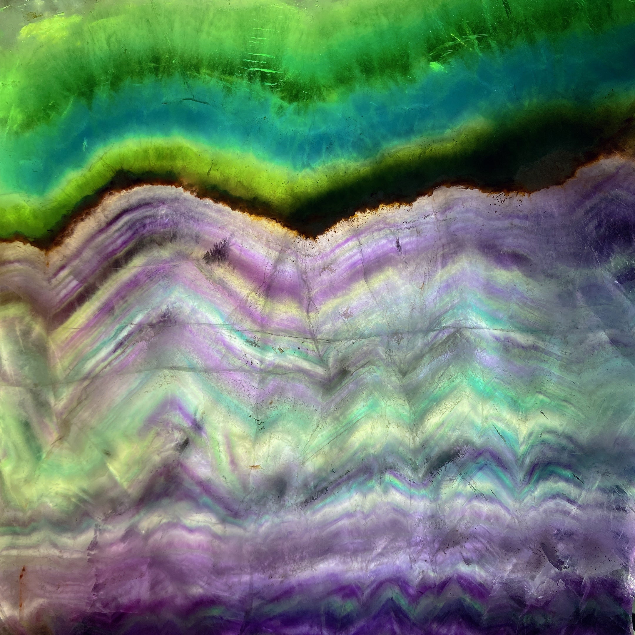 Large Rainbow Fluorite Crystal Slab 21cm with Wooden Stand