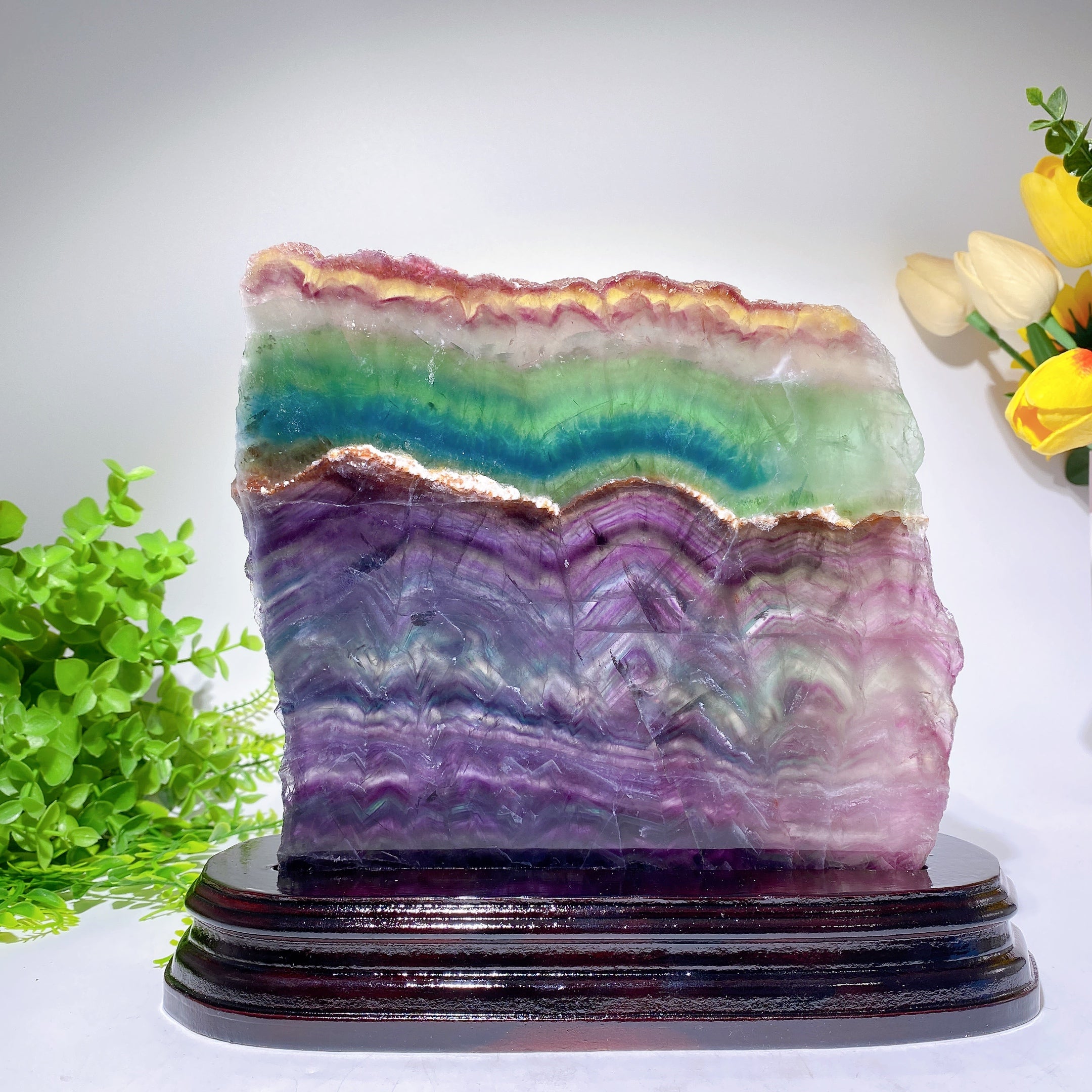 Large Rainbow Fluorite Crystal Slab 21cm with Wooden Stand