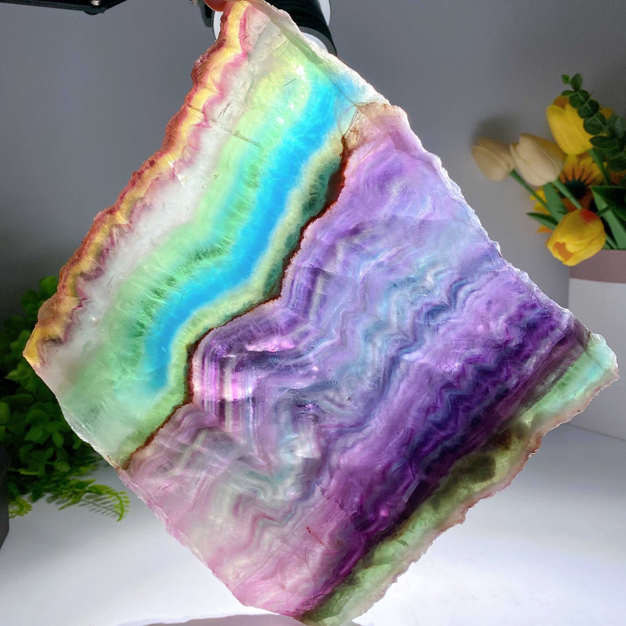 Large Rainbow Fluorite Crystal Slab 21cm with Wooden Stand