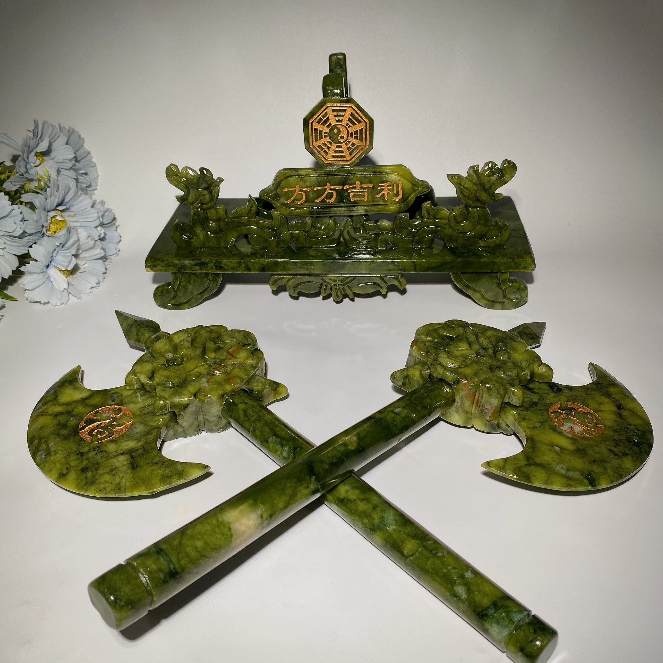 Large Serpentine Crystal Figurines Axe Carvings Set