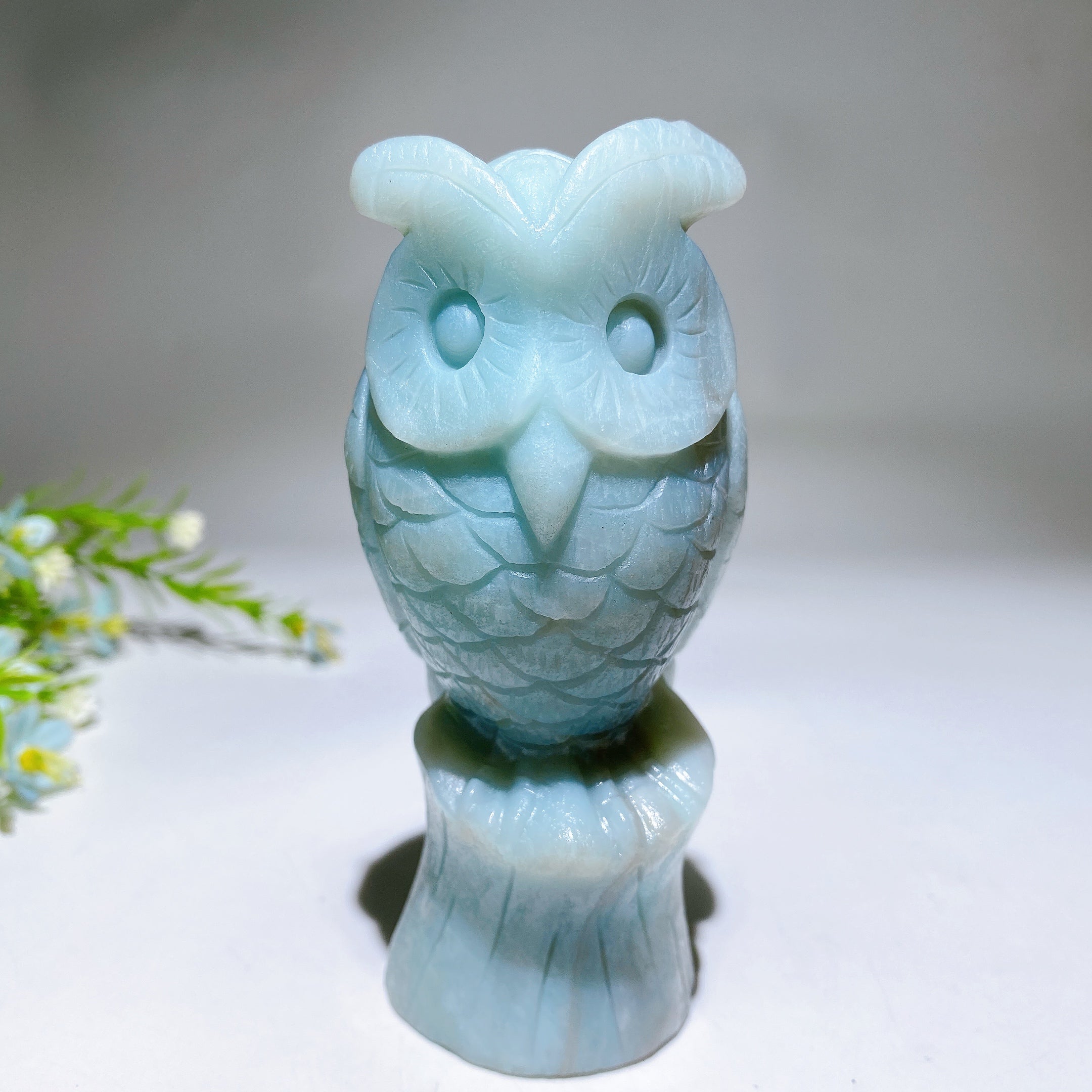 Large Sky Blue Crystal Owl Carving (4.6-inch)