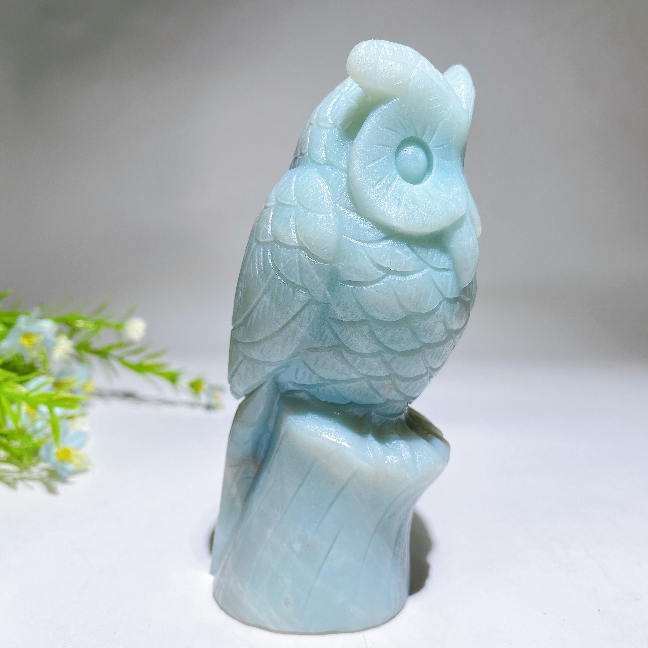 Large Sky Blue Crystal Owl Carving (4.6-inch)