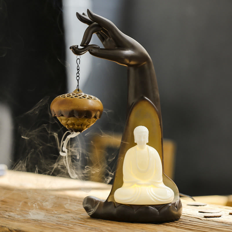 LED Buddha Hand Backflow Smoke Fountain Ceramic Incense Burner