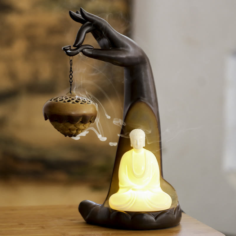 LED Buddha Hand Backflow Smoke Fountain Ceramic Incense Burner