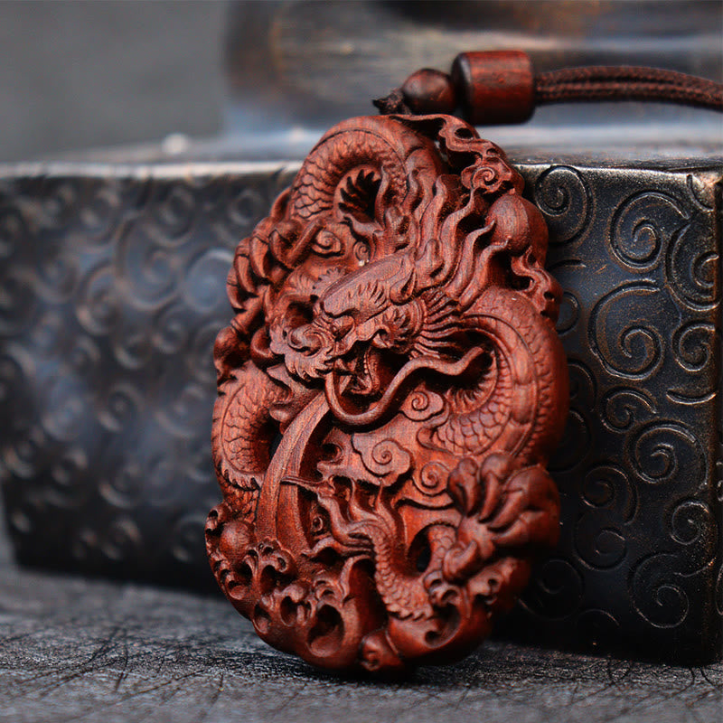 Lightning Struck Jujube Wood Double Dragon Protection Pendant