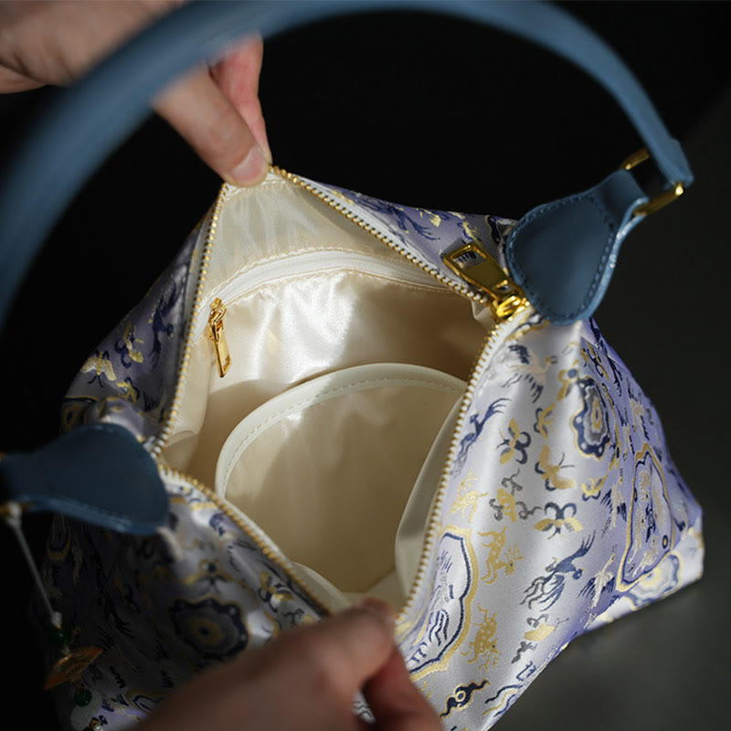 Lotus Bamboo Crane Deer Silk Crossbody Bag 26cm