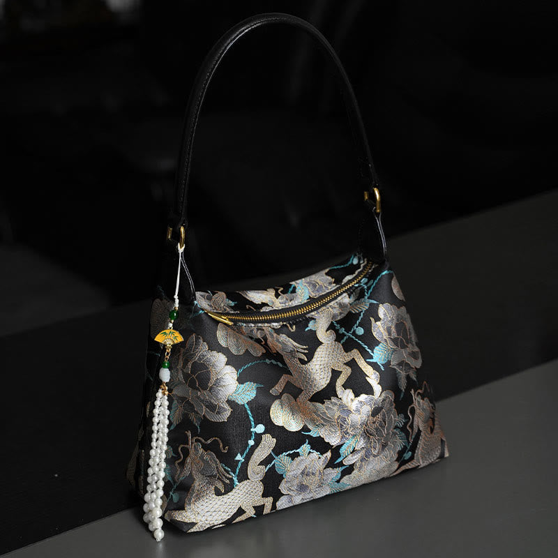 Lotus Bamboo Crane Deer Silk Crossbody Bag 26cm