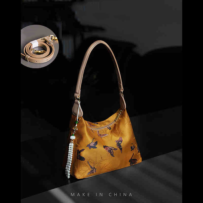 Lotus Bamboo Crane Deer Silk Crossbody Bag 26cm