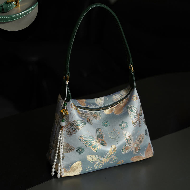 Lotus Bamboo Crane Deer Silk Crossbody Bag 26cm