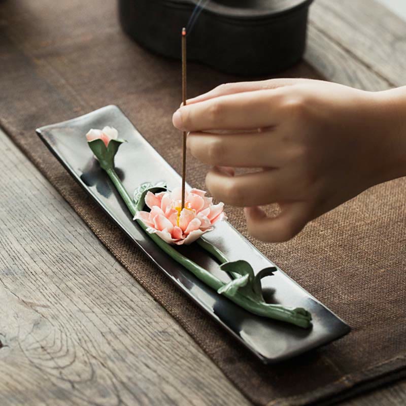 Lotus Peony Ceramic Incense Burner for Meditation & Yoga