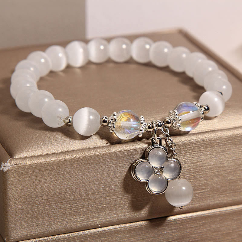 Lucky Cat's Eye Crystal Bracelet with Four Leaf Clover Charm