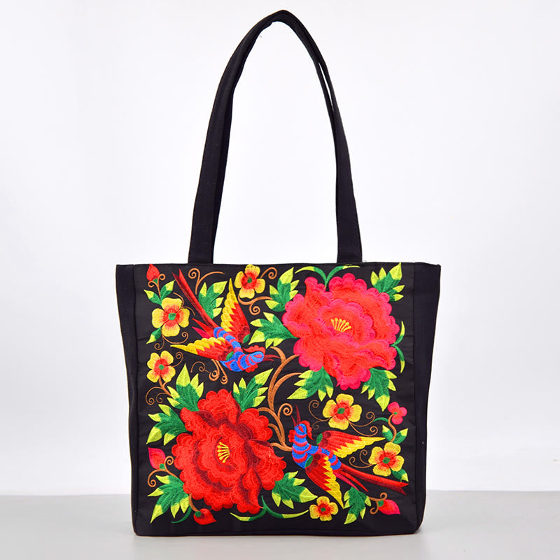 Magpie Embroidery Canvas Bag with Peony & Chrysanthemum Flowers