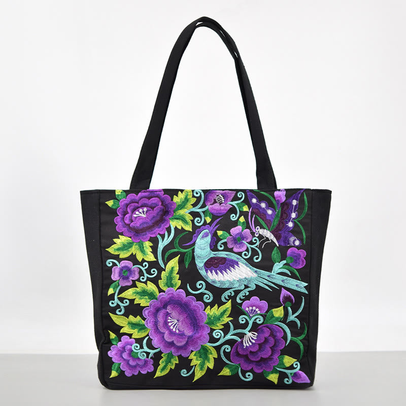 Magpie Embroidery Canvas Bag with Peony & Chrysanthemum Flowers