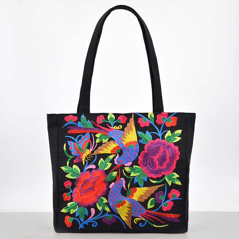 Magpie Embroidery Canvas Bag with Peony & Chrysanthemum Flowers