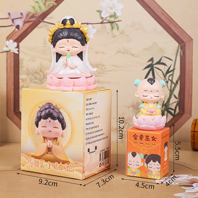 Meditation Avalokitesvara Resin Statue with Boy and Girl Figurines