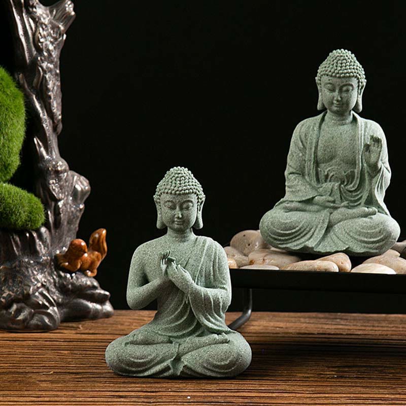 Meditation Buddha Statue Green Sandstone Serenity Symbol