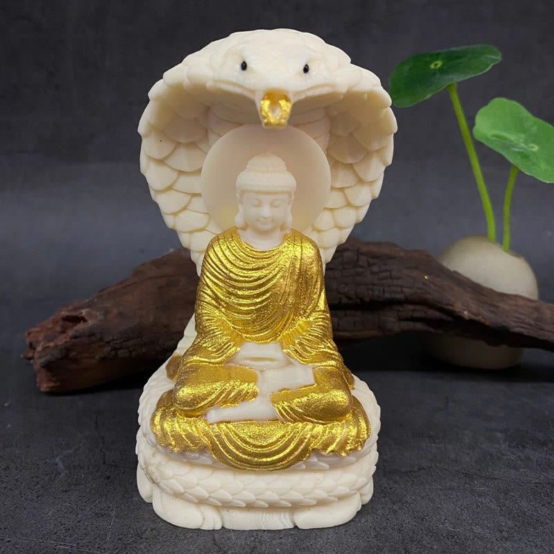 Medium Ivory Fruit Buddha Statue with Snake Lotus Serenity Symbol
