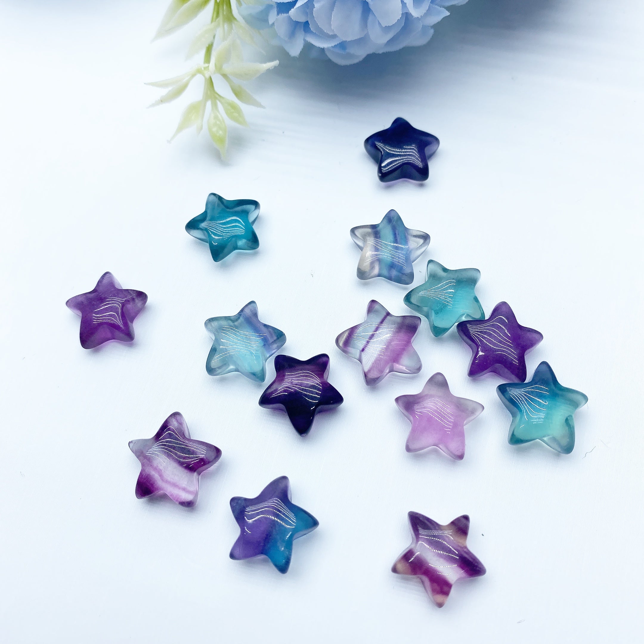 Mini 10mm Fluorite Moon and Star Crystal Carvings